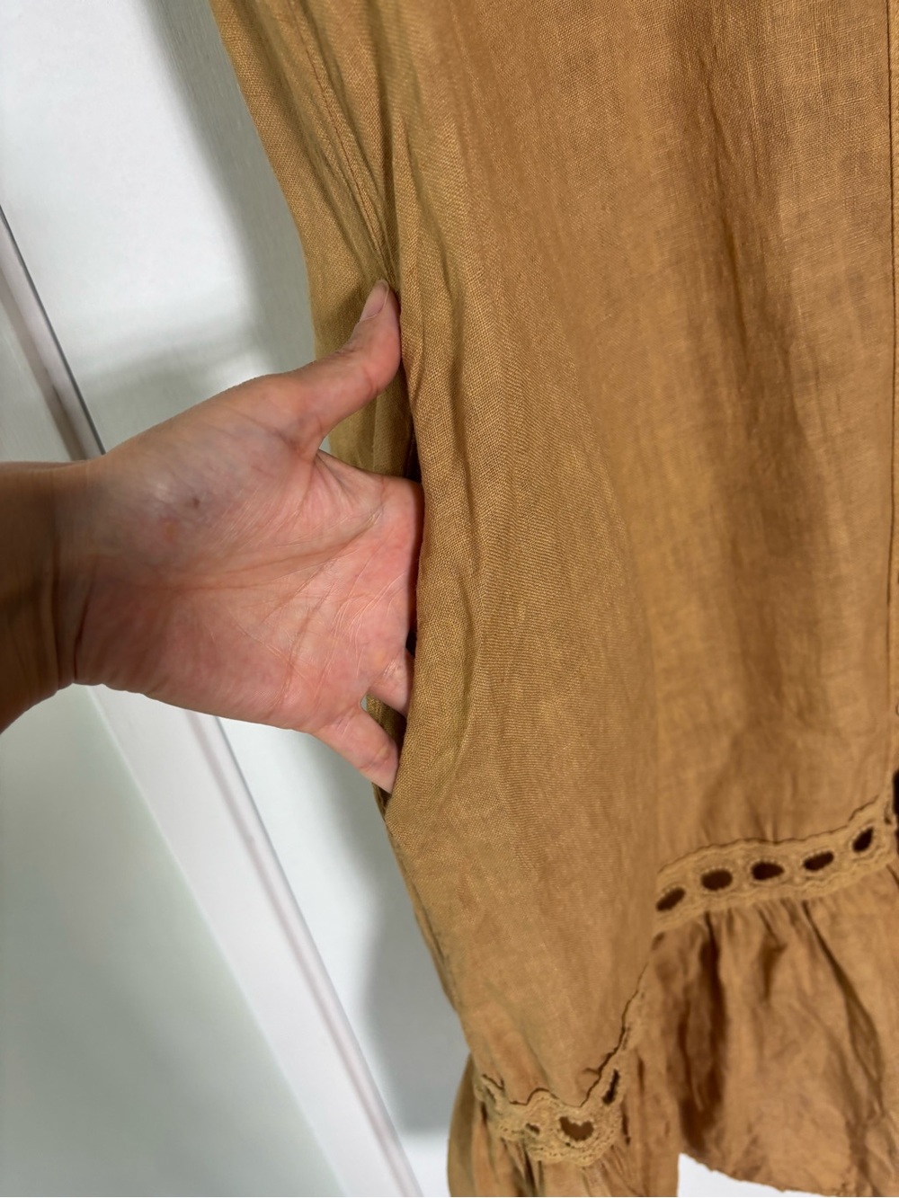 Meo Meli Italian Linen Dress M/L Camel Button Front Eyelet Trim Lagenlook Boho - Picture 6 of 10